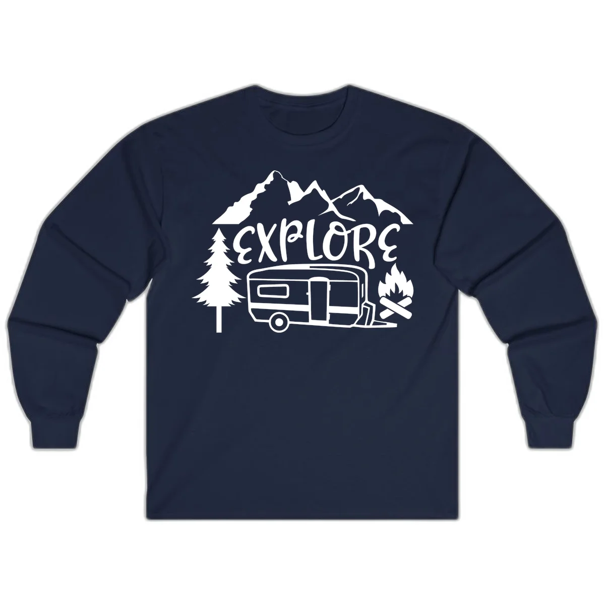 White line art design showing mountains, pine trees, travel trailer, and campfire with EXPLORE text on gray background in Navy