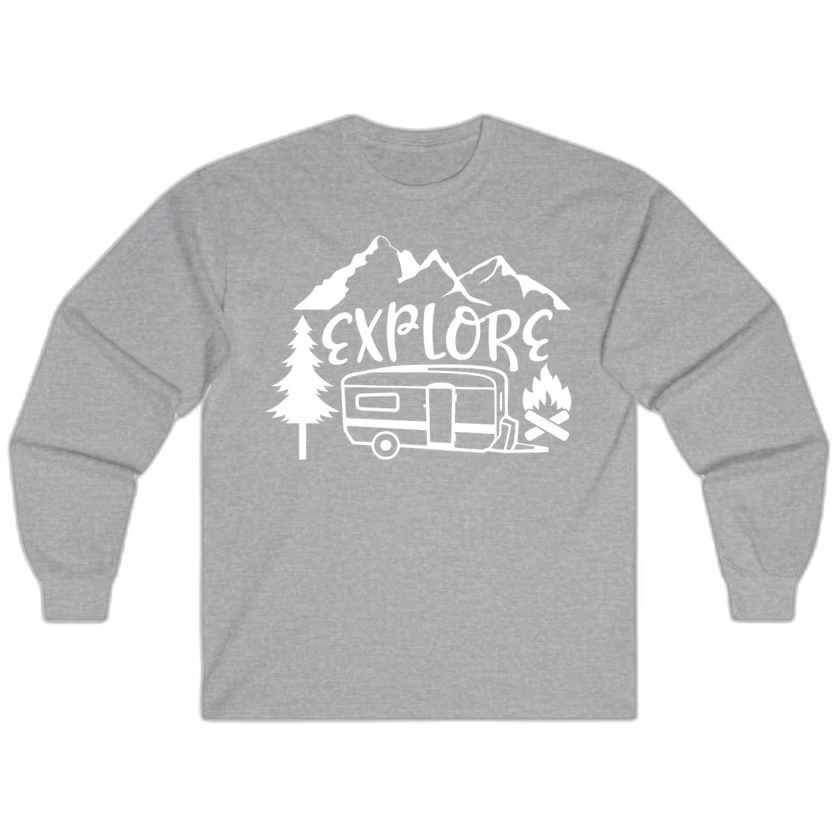 White line art design showing mountains, pine trees, travel trailer, and campfire with EXPLORE text on gray background in Sport Grey