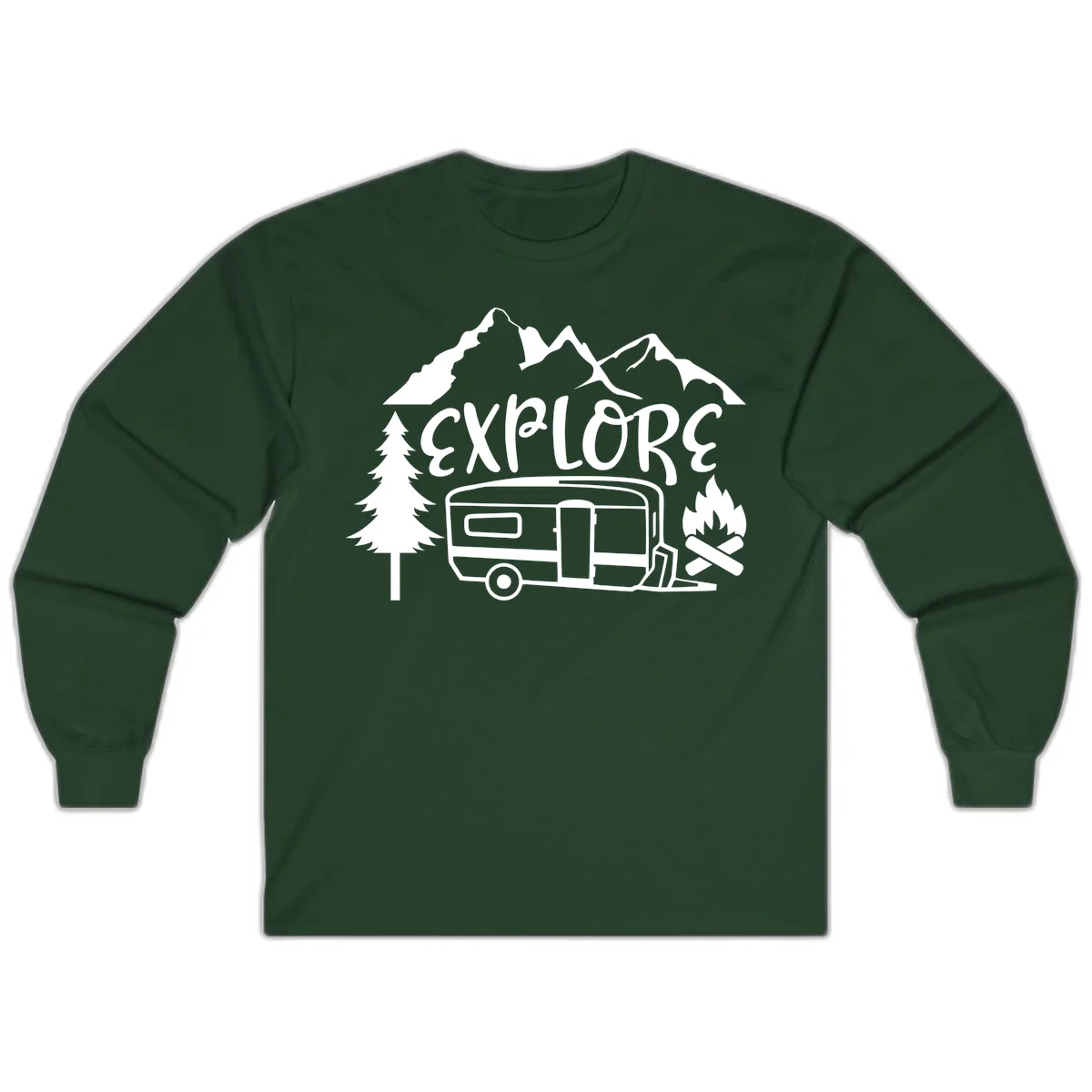 White line art design showing mountains, pine trees, travel trailer, and campfire with EXPLORE text on gray background in Forest Green