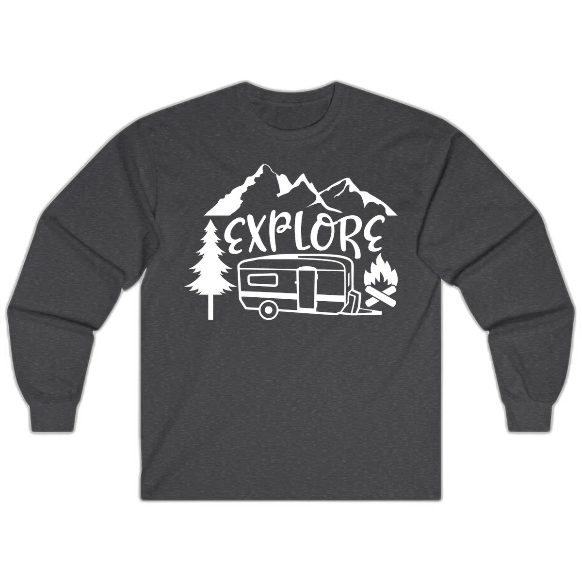 White line art design showing mountains, pine trees, travel trailer, and campfire with EXPLORE text on gray background in Dark Heather