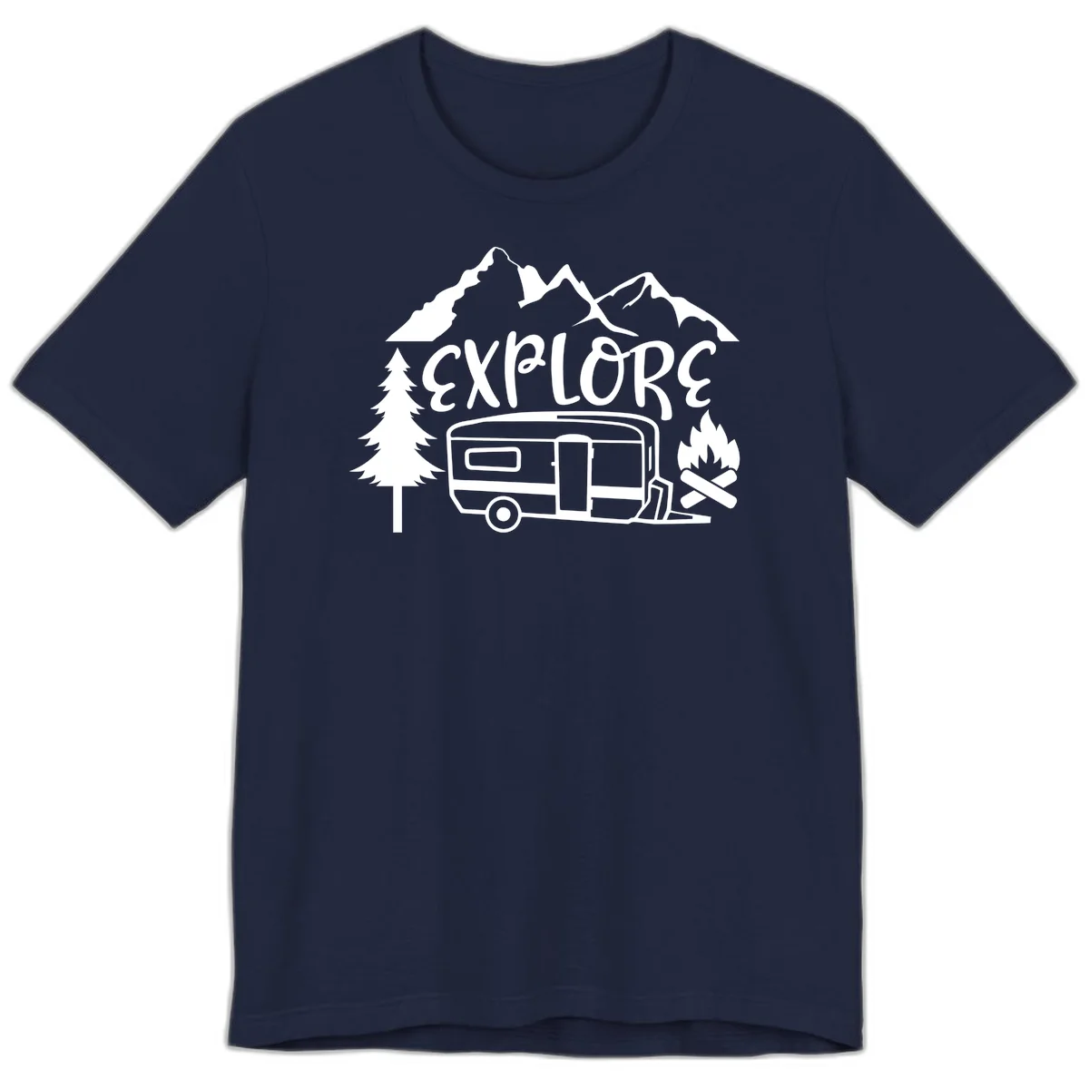 White line art design showing mountains, pine trees, travel trailer, and campfire with EXPLORE text on gray background in Navy