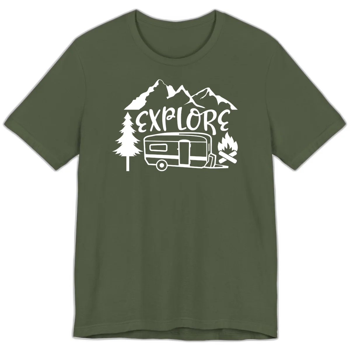 White line art design showing mountains, pine trees, travel trailer, and campfire with EXPLORE text on gray background in Military Green