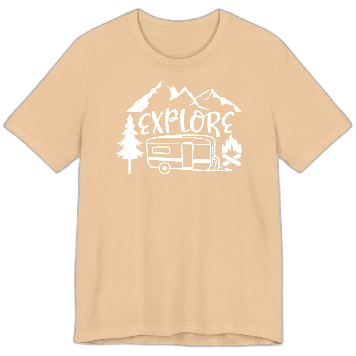 White line art design showing mountains, pine trees, travel trailer, and campfire with EXPLORE text on gray background in Sand Dune