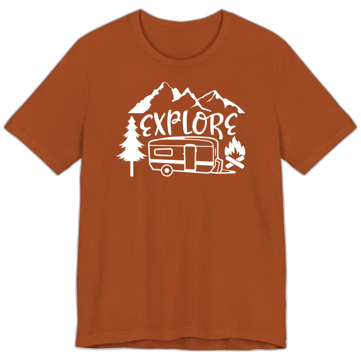White line art design showing mountains, pine trees, travel trailer, and campfire with EXPLORE text on gray background in Autumn