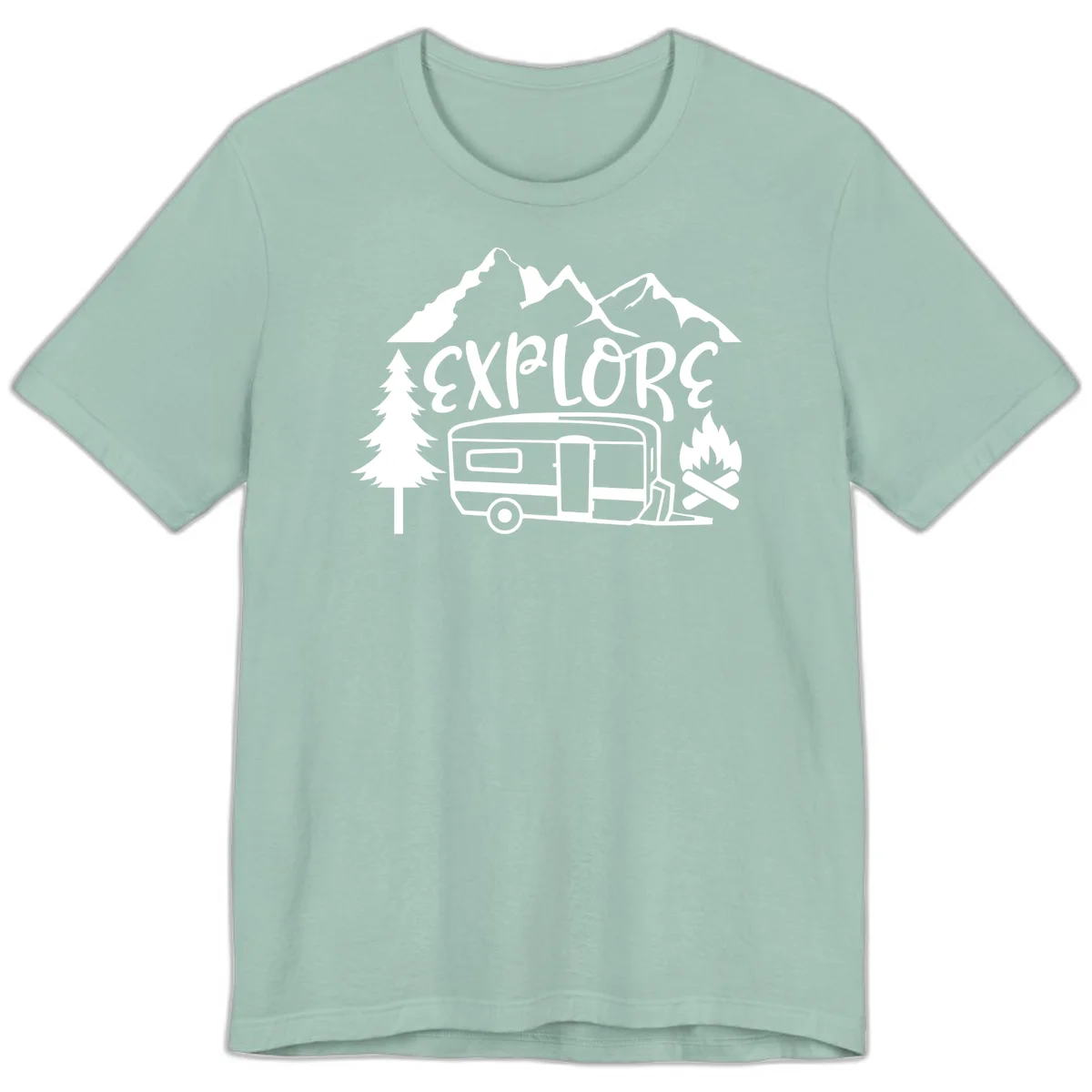 White line art design showing mountains, pine trees, travel trailer, and campfire with EXPLORE text on gray background in Dusty Blue