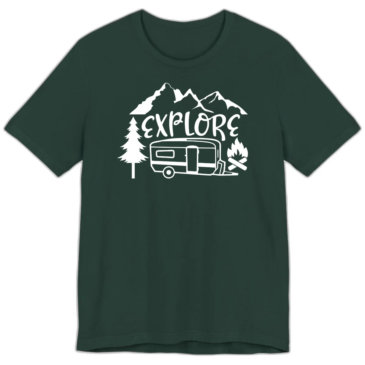 White line art design showing mountains, pine trees, travel trailer, and campfire with EXPLORE text on gray background in Forest