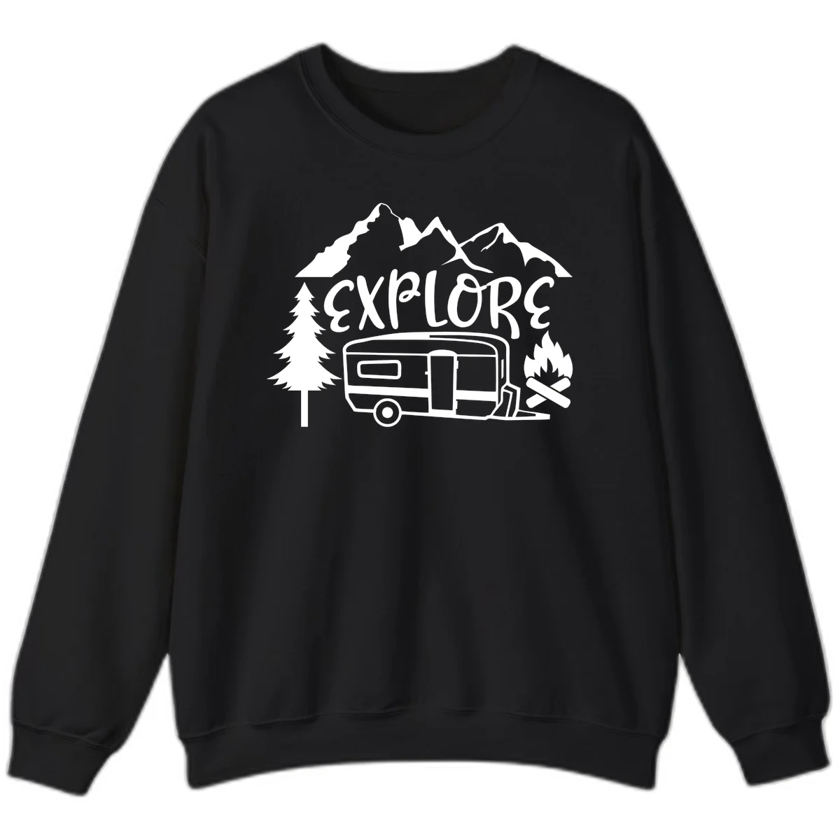 White line art design showing mountains, pine trees, travel trailer, and campfire with EXPLORE text on gray background in Black