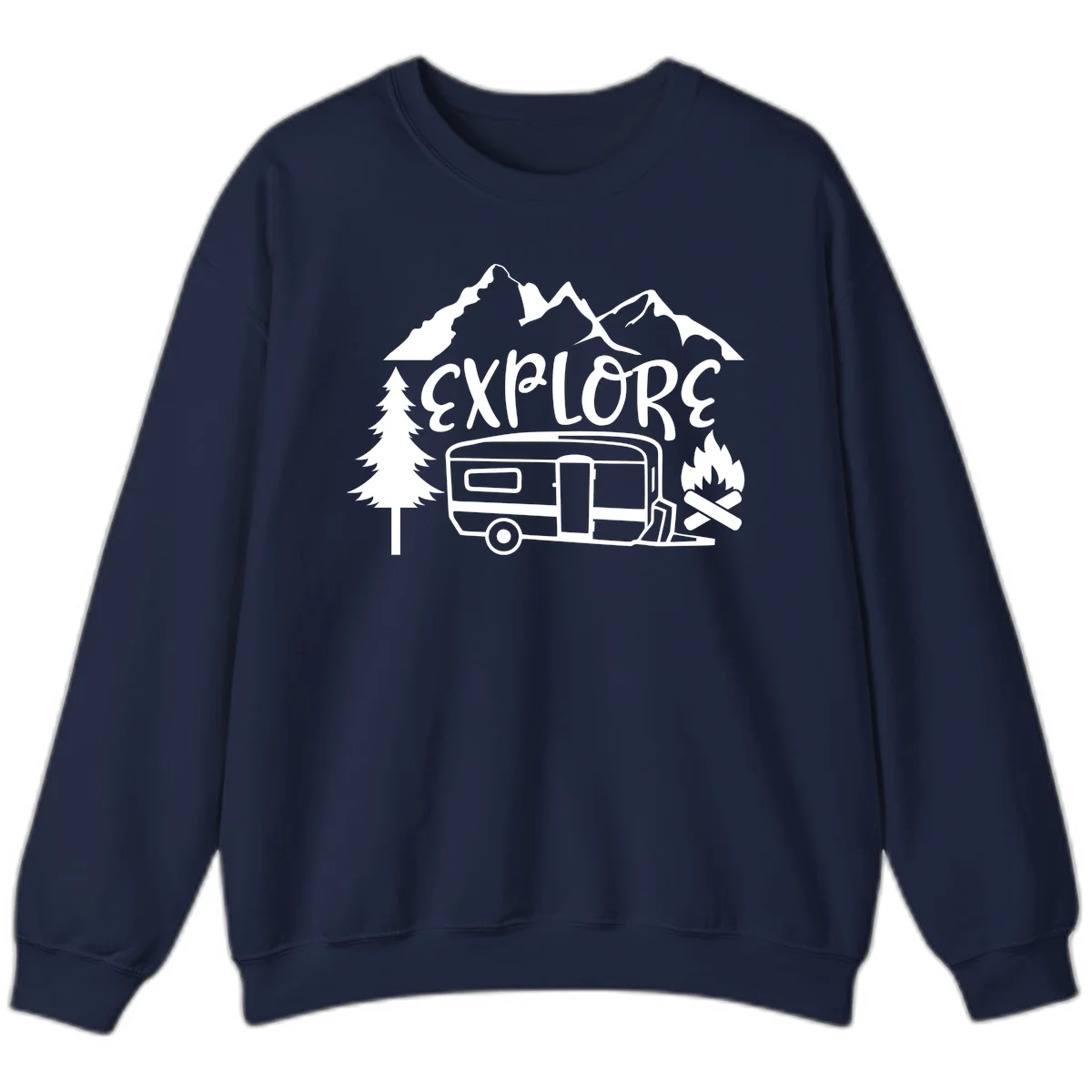 White line art design showing mountains, pine trees, travel trailer, and campfire with EXPLORE text on gray background in Navy