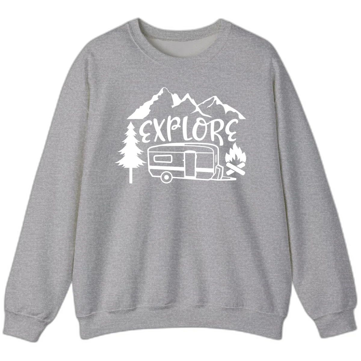 White line art design showing mountains, pine trees, travel trailer, and campfire with EXPLORE text on gray background in Sport Grey