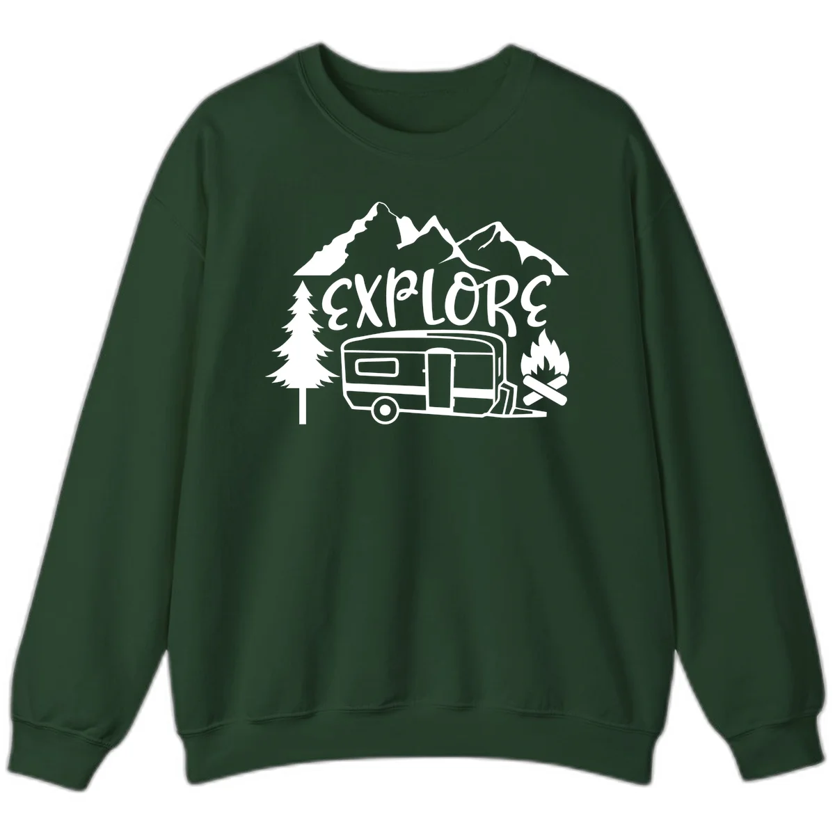 White line art design showing mountains, pine trees, travel trailer, and campfire with EXPLORE text on gray background in Forest Green