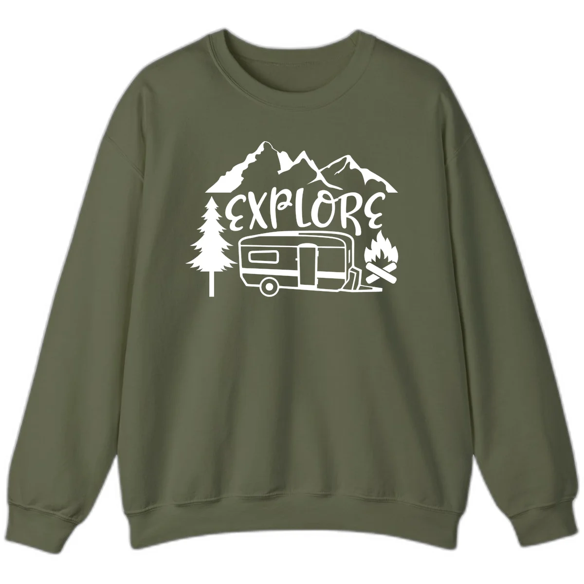 White line art design showing mountains, pine trees, travel trailer, and campfire with EXPLORE text on gray background in Military Green