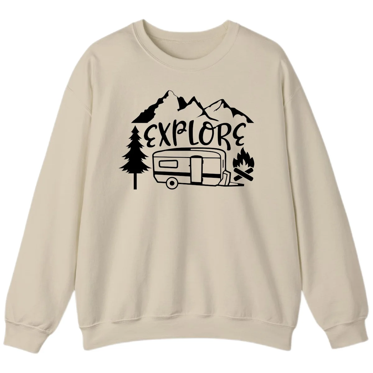 White line art design showing mountains, pine trees, travel trailer, and campfire with EXPLORE text on gray background in Sand