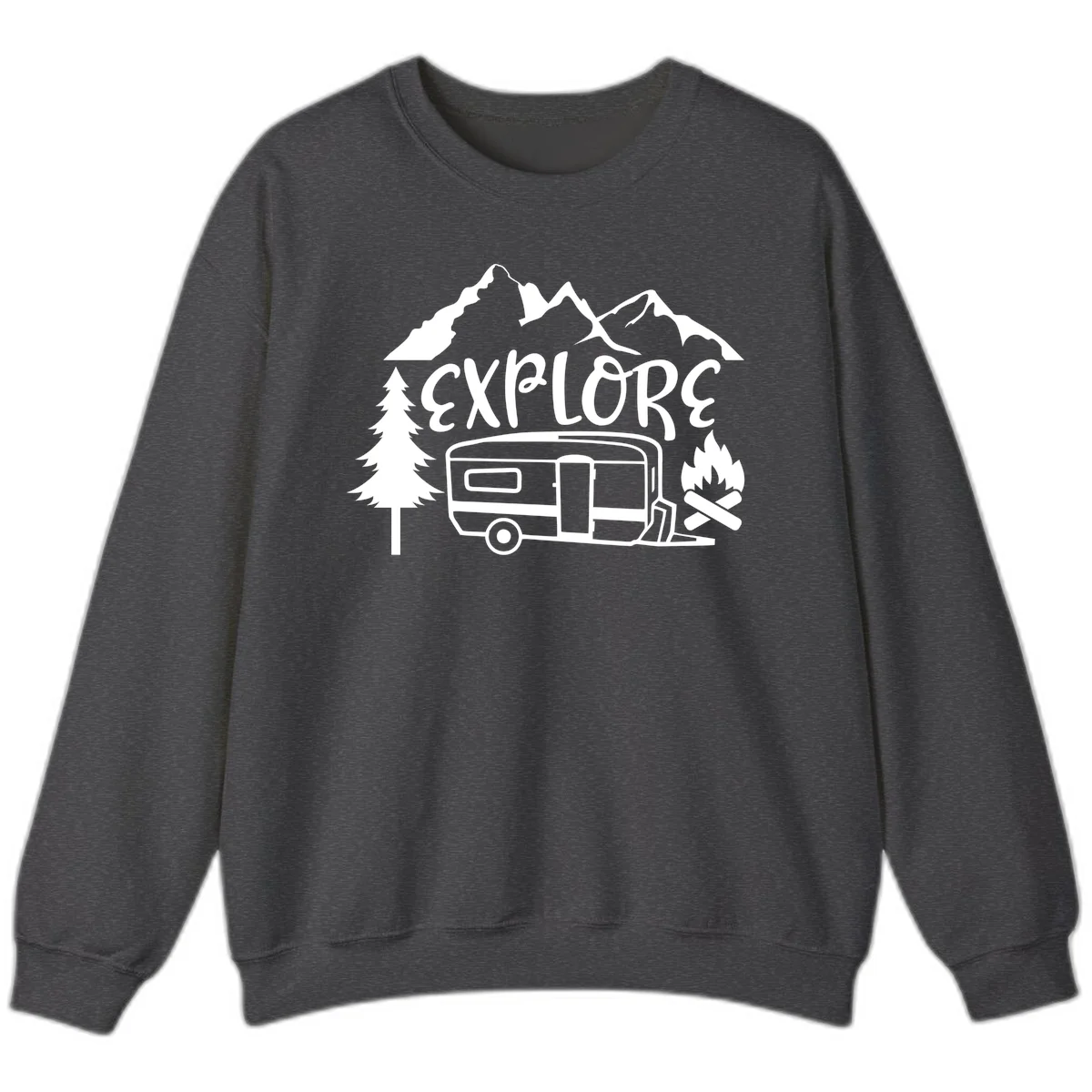 White line art design showing mountains, pine trees, travel trailer, and campfire with EXPLORE text on gray background in Dark Heather