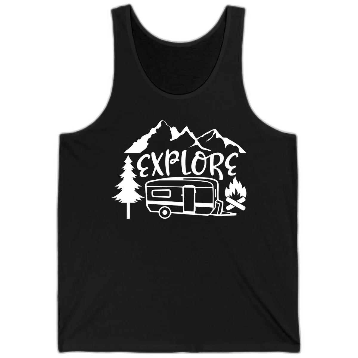 White line art design showing mountains, pine trees, travel trailer, and campfire with EXPLORE text on gray background in Black