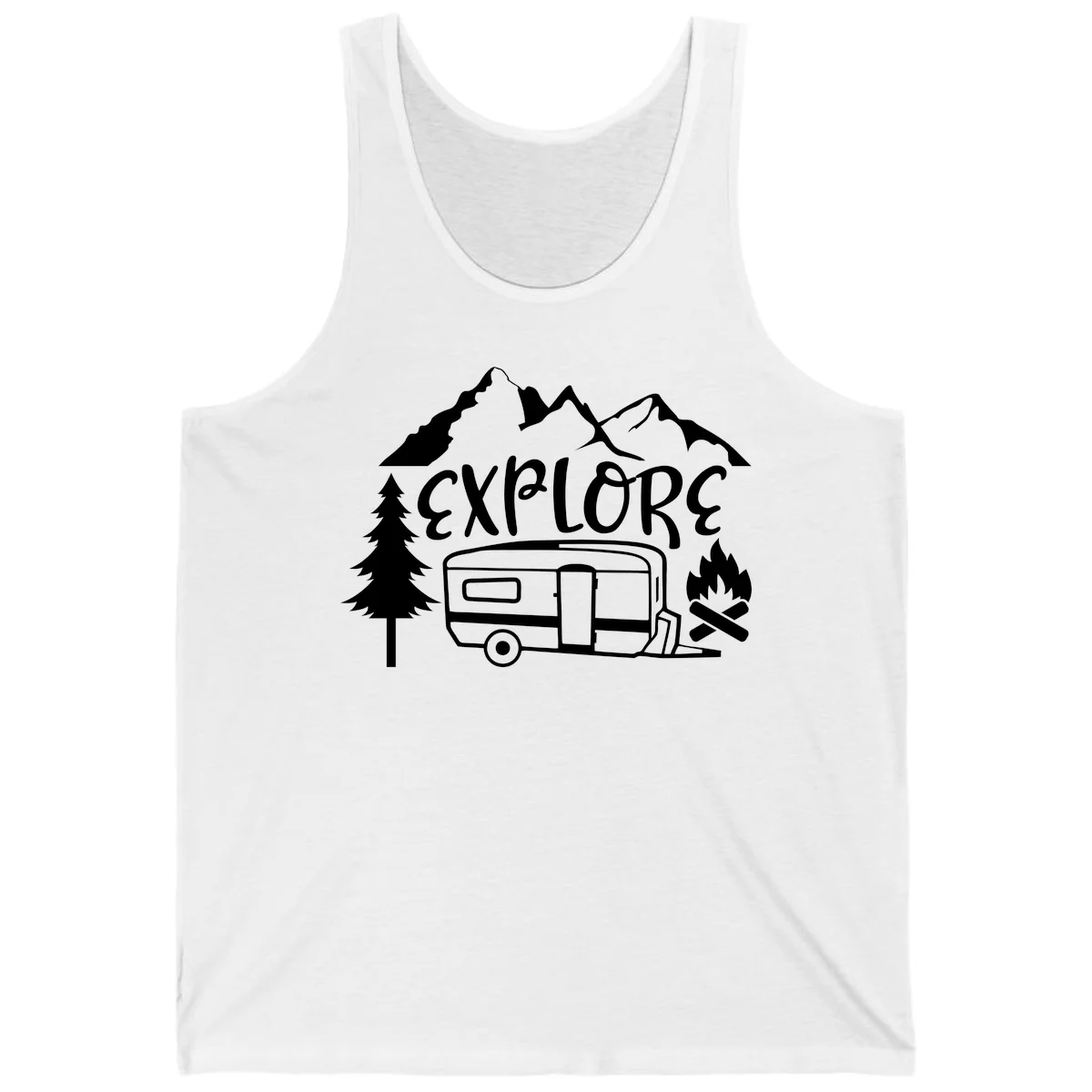 White line art design showing mountains, pine trees, travel trailer, and campfire with EXPLORE text on gray background in White