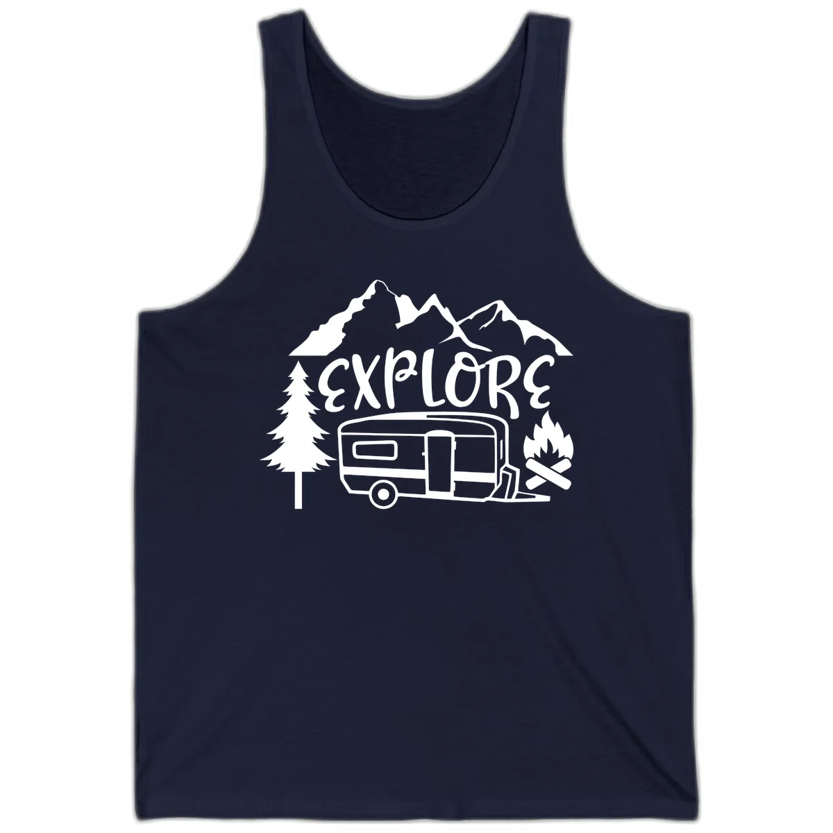 White line art design showing mountains, pine trees, travel trailer, and campfire with EXPLORE text on gray background in Navy