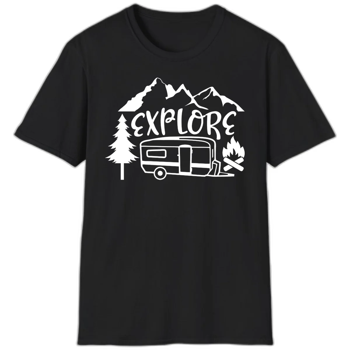 White line art design showing mountains, pine trees, travel trailer, and campfire with EXPLORE text on gray background in Black