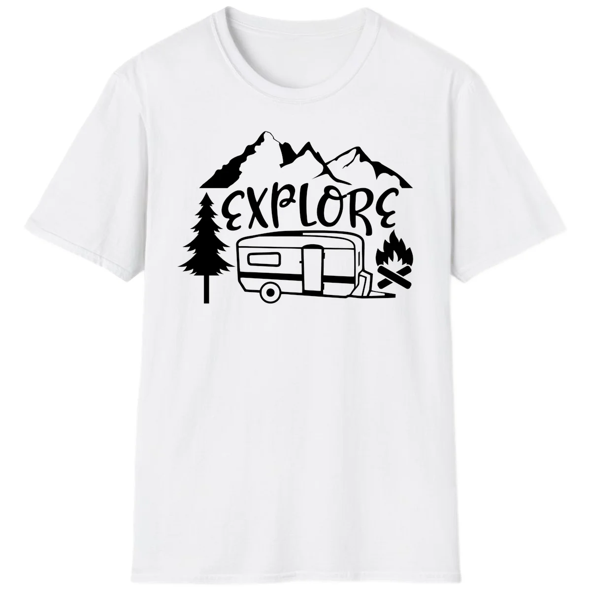 White line art design showing mountains, pine trees, travel trailer, and campfire with EXPLORE text on gray background in White