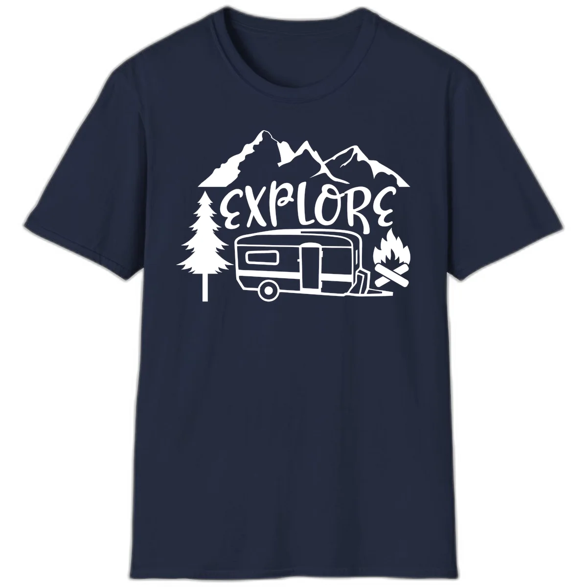 White line art design showing mountains, pine trees, travel trailer, and campfire with EXPLORE text on gray background in Navy