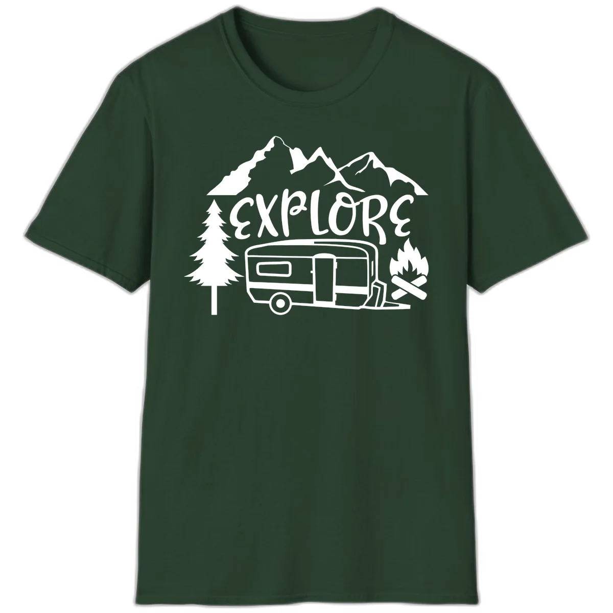 White line art design showing mountains, pine trees, travel trailer, and campfire with EXPLORE text on gray background in Forest Green