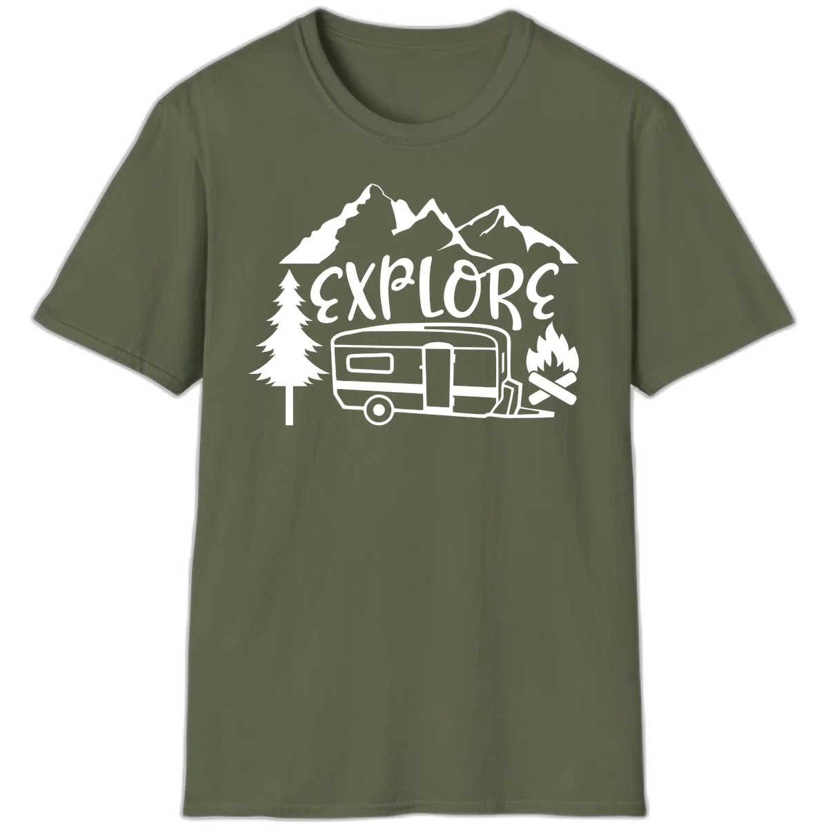 White line art design showing mountains, pine trees, travel trailer, and campfire with EXPLORE text on gray background in Military Green