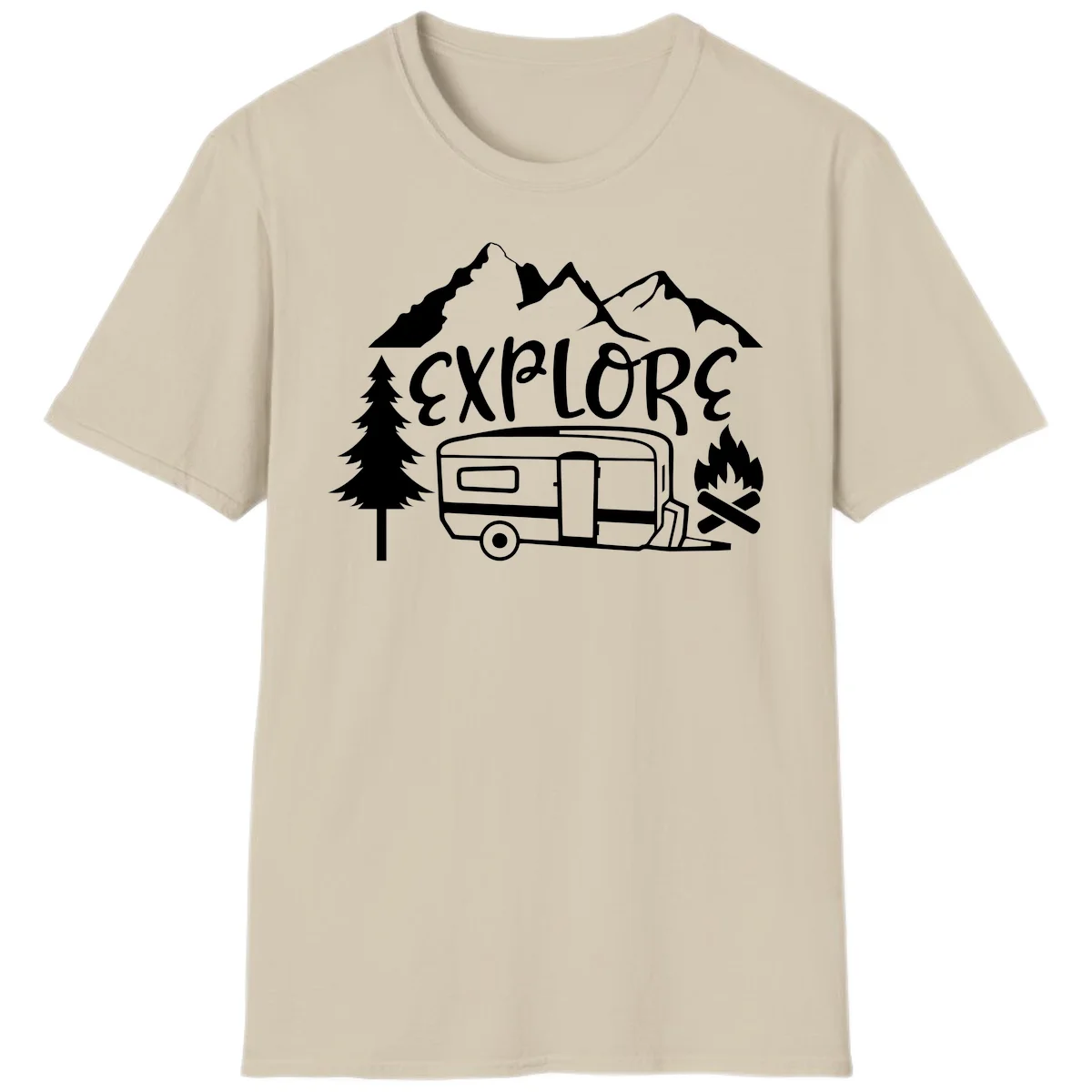 White line art design showing mountains, pine trees, travel trailer, and campfire with EXPLORE text on gray background in Sand