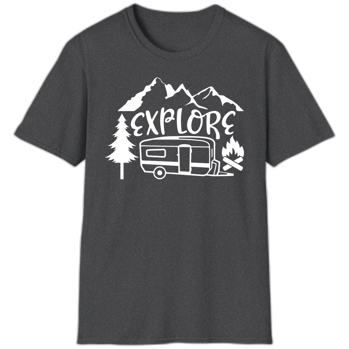 White line art design showing mountains, pine trees, travel trailer, and campfire with EXPLORE text on gray background in Dark Heather