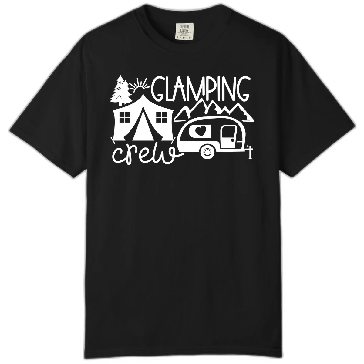 Glamping crew design with tent, travel trailer, mountains, tree and sun on gray background in Black