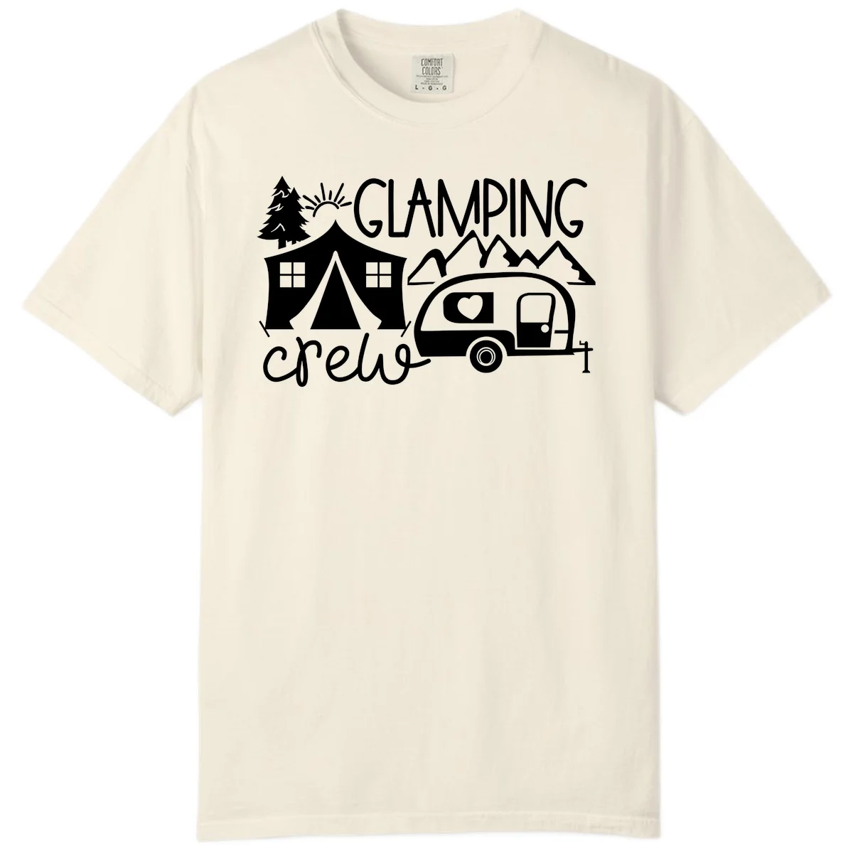Glamping crew design with tent, travel trailer, mountains, tree and sun on gray background in Ivory