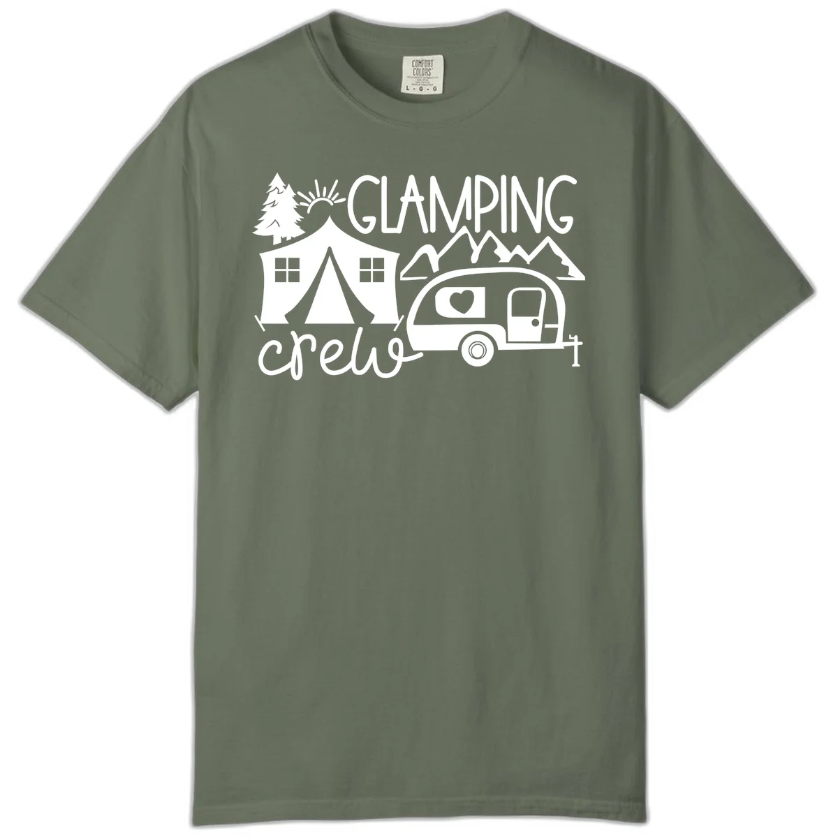 Glamping crew design with tent, travel trailer, mountains, tree and sun on gray background in Moss