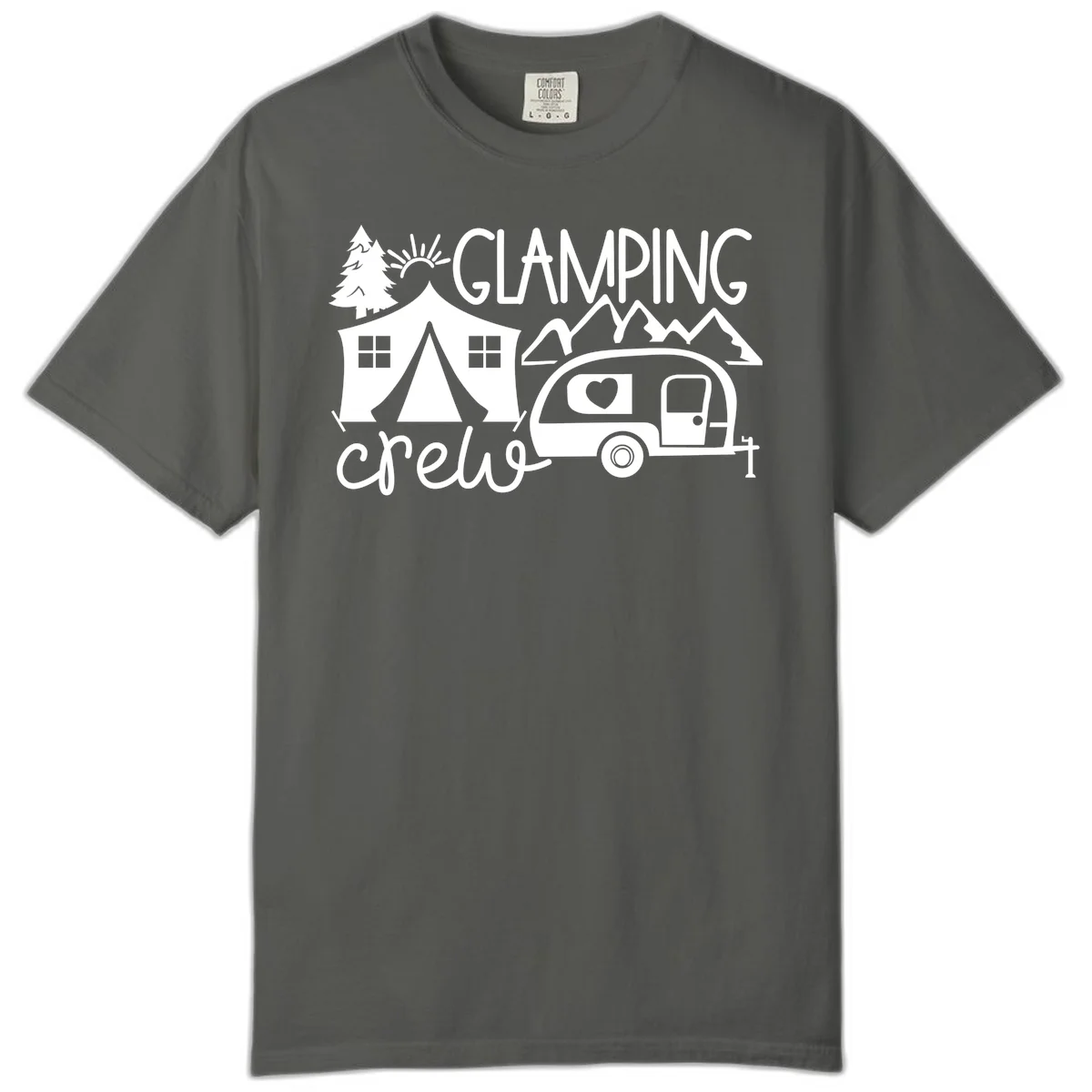 Glamping crew design with tent, travel trailer, mountains, tree and sun on gray background in Pepper