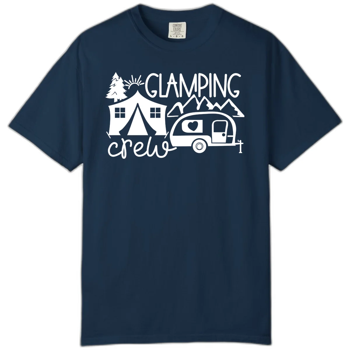 Glamping crew design with tent, travel trailer, mountains, tree and sun on gray background in True Navy