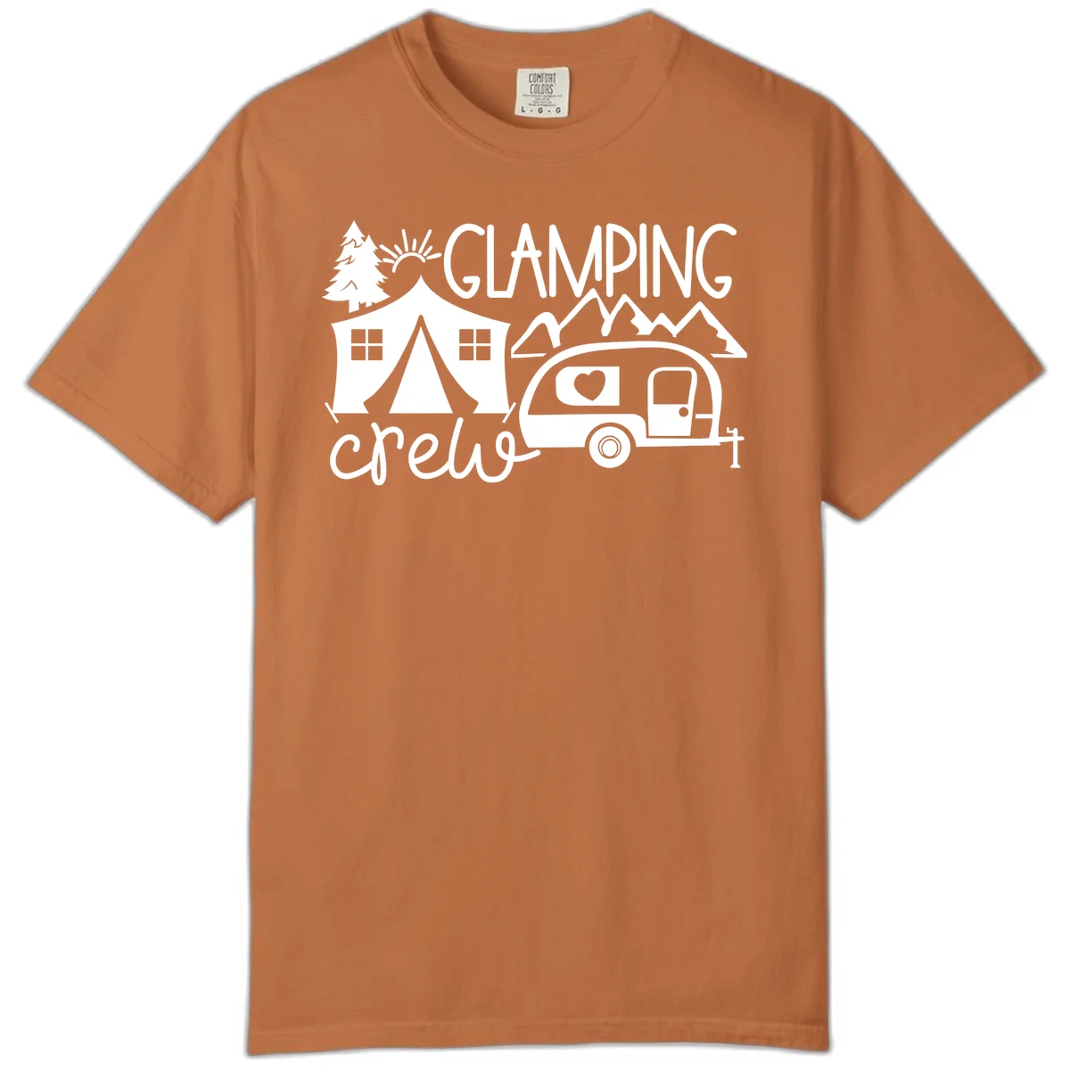 Glamping crew design with tent, travel trailer, mountains, tree and sun on gray background in Yam