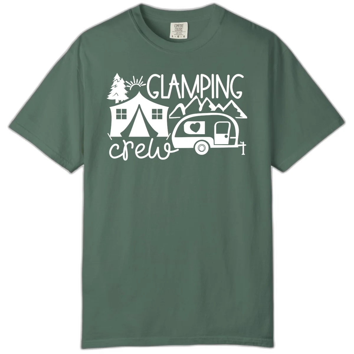 Glamping crew design with tent, travel trailer, mountains, tree and sun on gray background in Blue Spruce