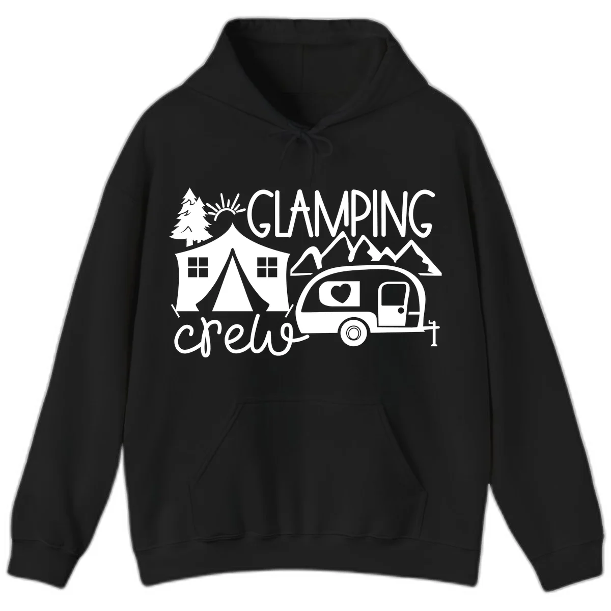 Glamping crew design with tent, travel trailer, mountains, tree and sun on gray background in Black