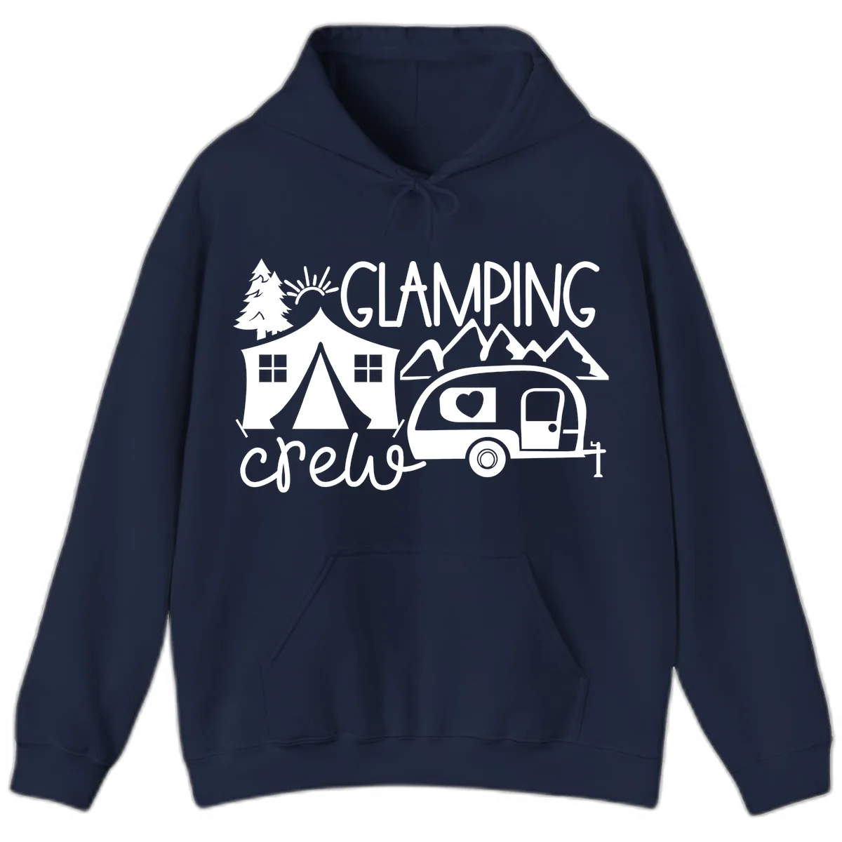 Glamping crew design with tent, travel trailer, mountains, tree and sun on gray background in Navy