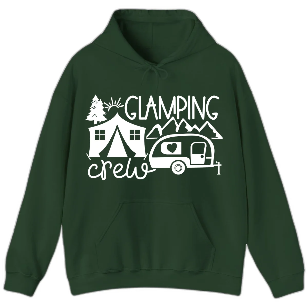 Glamping crew design with tent, travel trailer, mountains, tree and sun on gray background in Forest Green