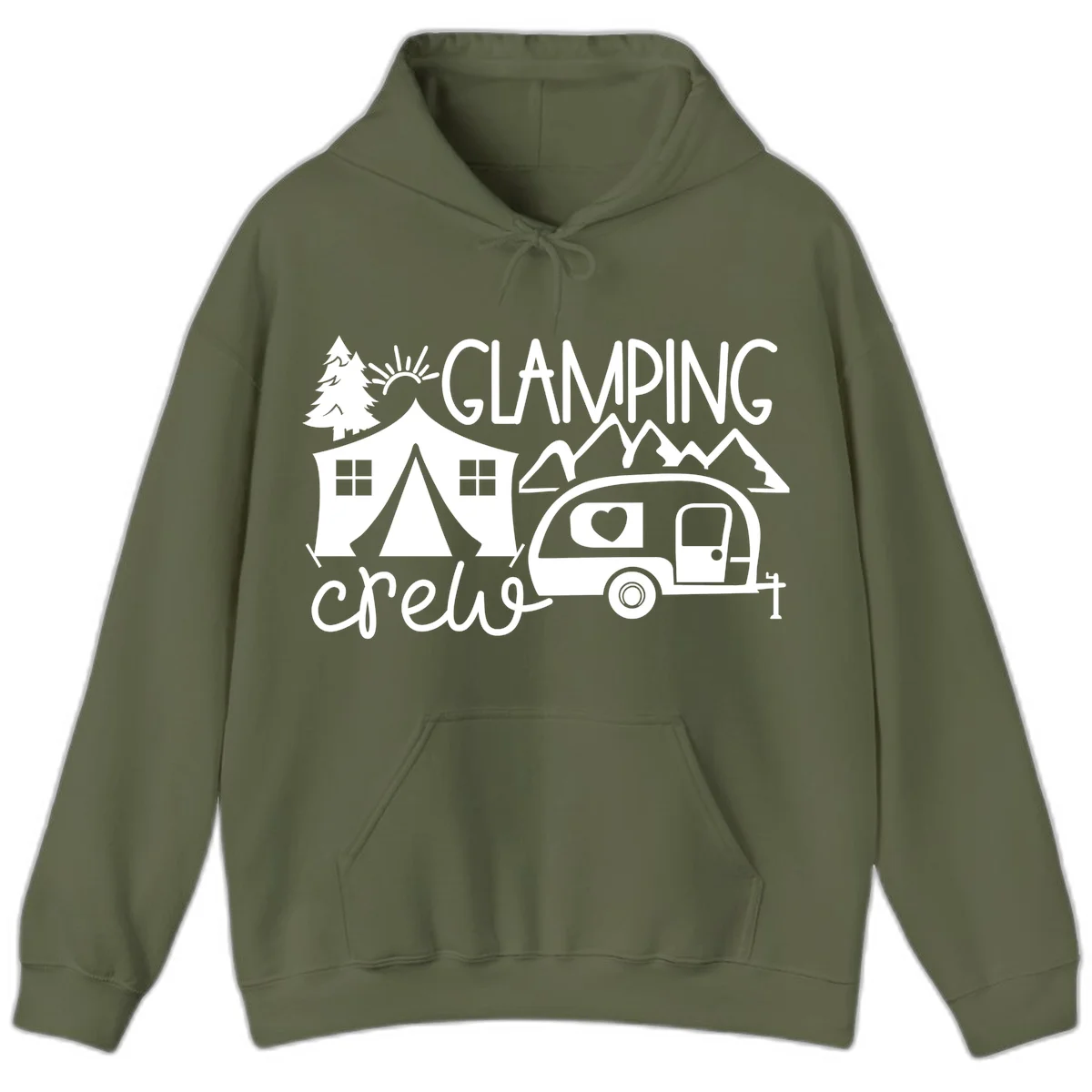 Glamping crew design with tent, travel trailer, mountains, tree and sun on gray background in Military Green
