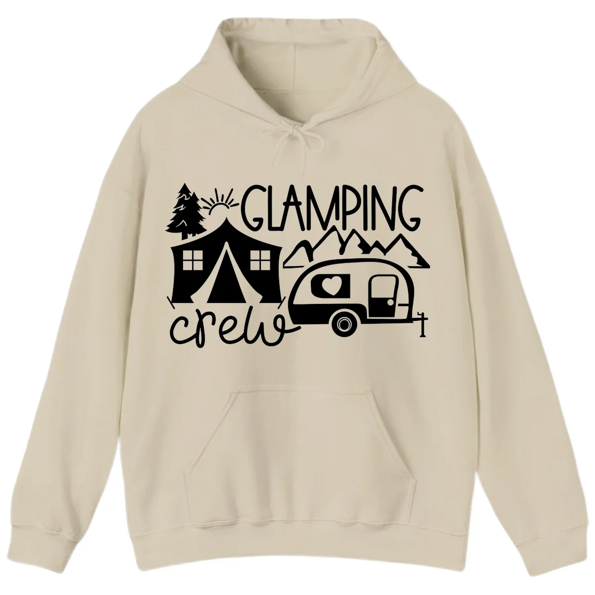 Glamping crew design with tent, travel trailer, mountains, tree and sun on gray background in Sand