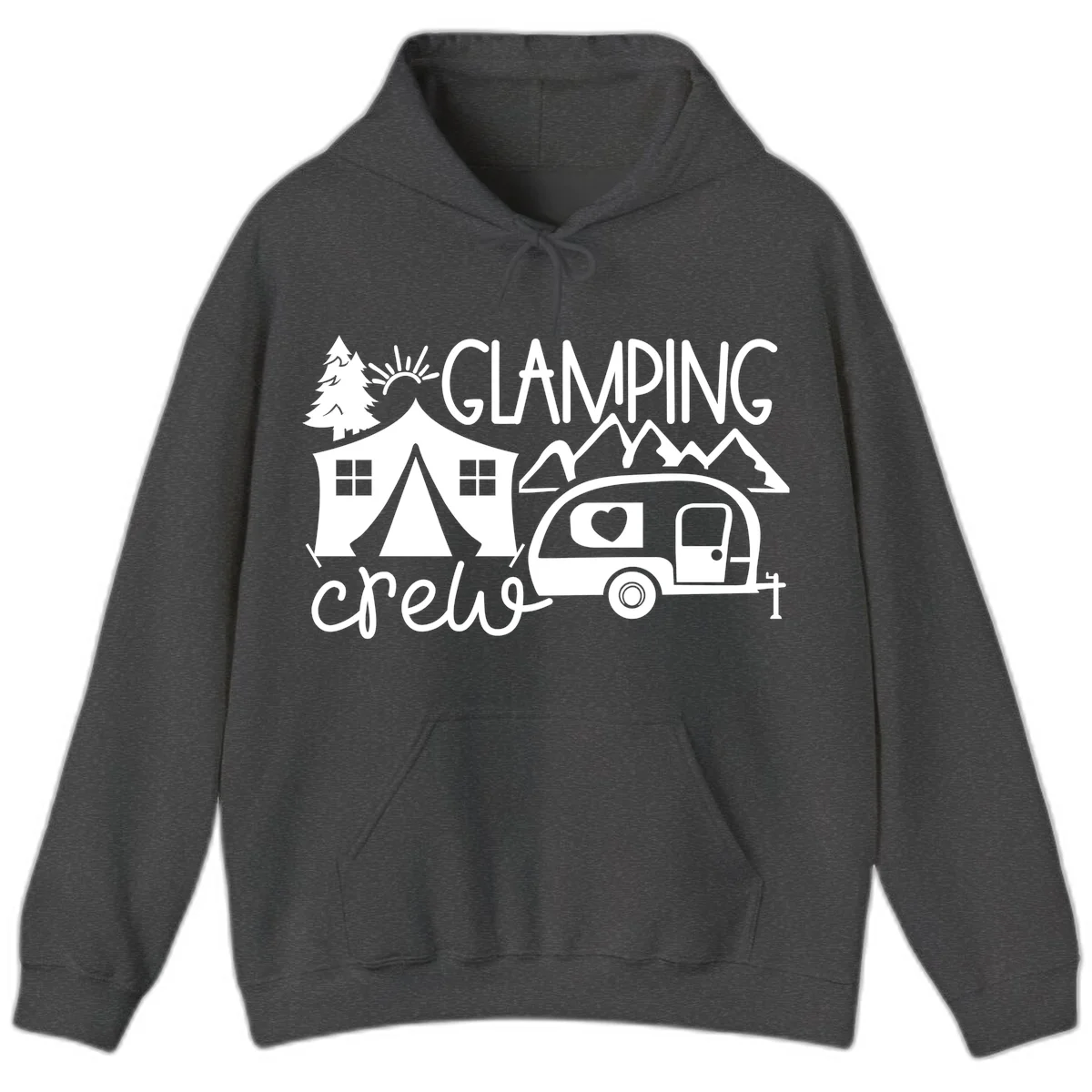 Glamping crew design with tent, travel trailer, mountains, tree and sun on gray background in Dark Heather