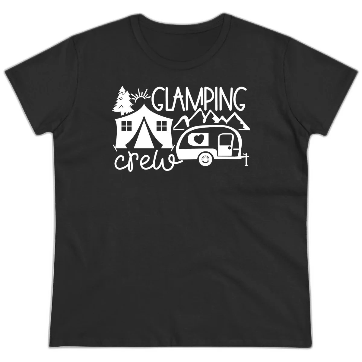 Glamping crew design with tent, travel trailer, mountains, tree and sun on gray background in Black