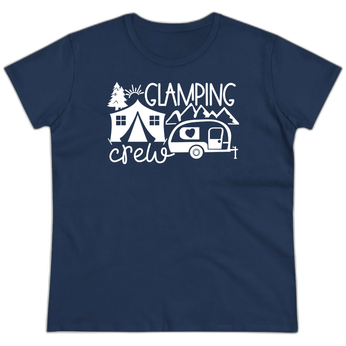Glamping crew design with tent, travel trailer, mountains, tree and sun on gray background in Navy