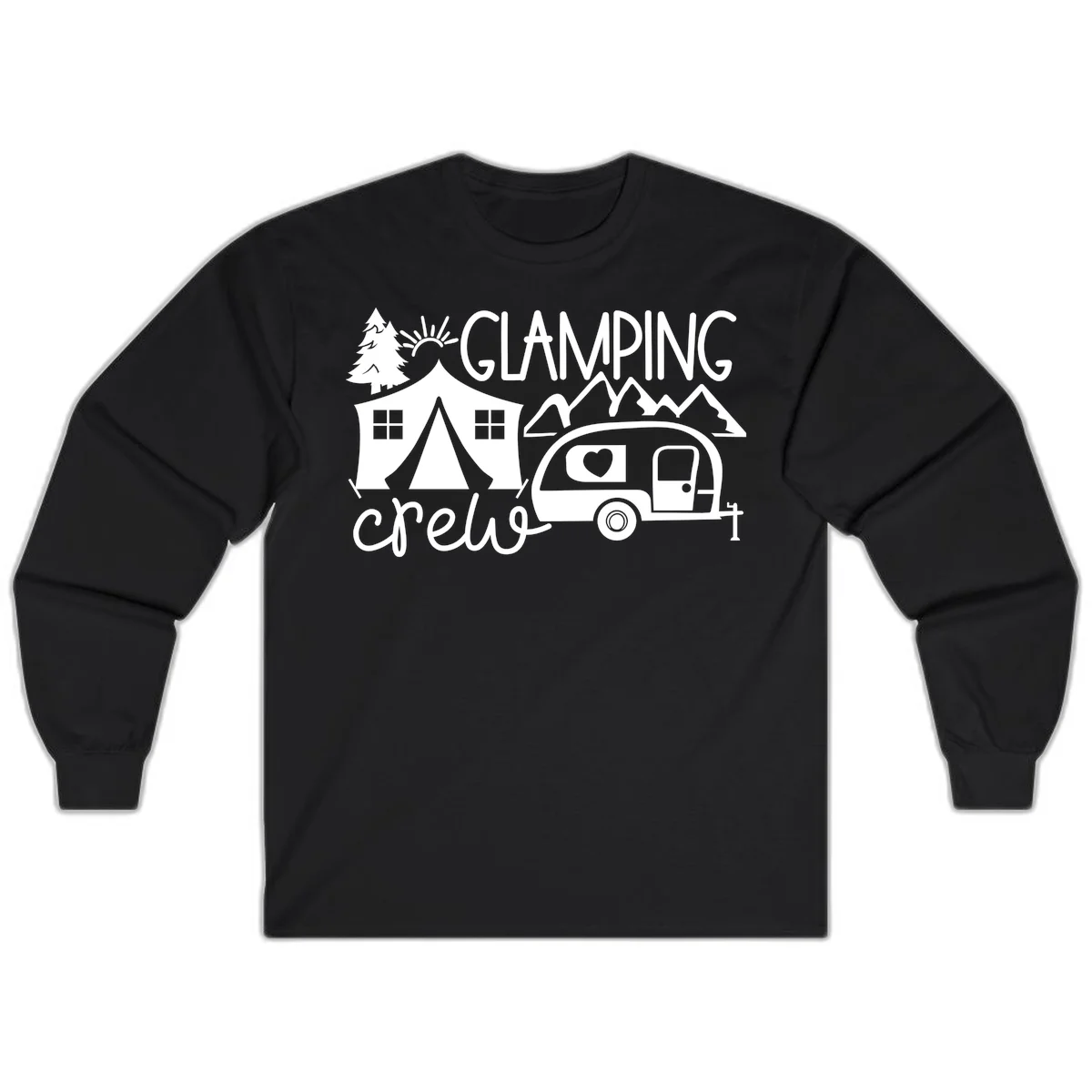 Glamping crew design with tent, travel trailer, mountains, tree and sun on gray background in Black