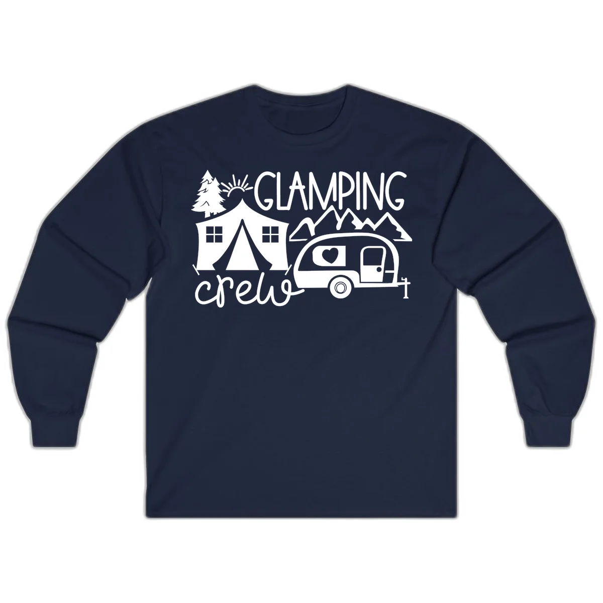 Glamping crew design with tent, travel trailer, mountains, tree and sun on gray background in Navy