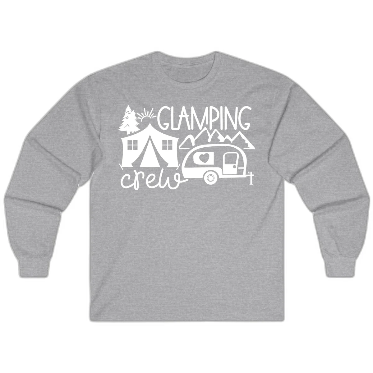Glamping crew design with tent, travel trailer, mountains, tree and sun on gray background in Sport Grey
