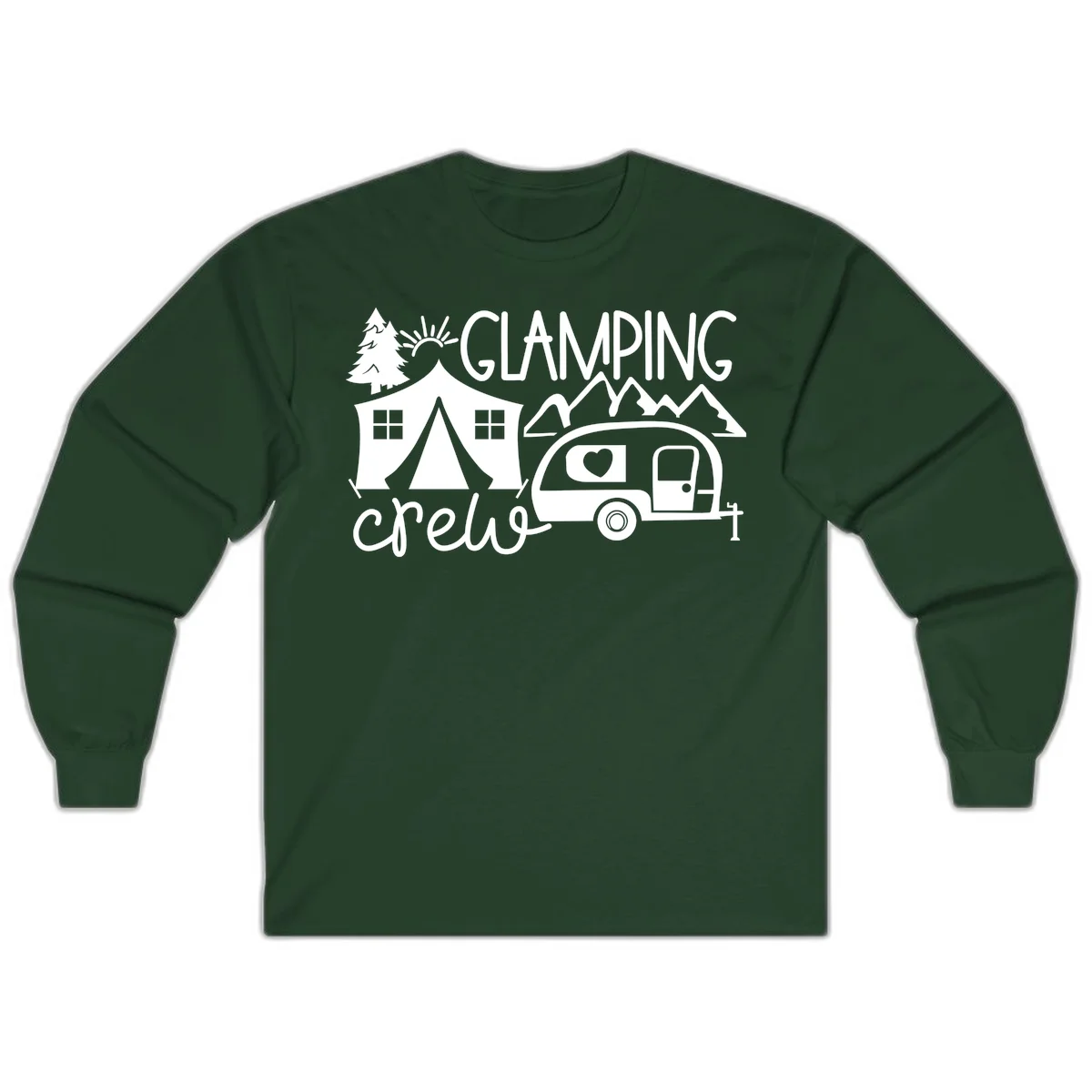 Glamping crew design with tent, travel trailer, mountains, tree and sun on gray background in Forest Green