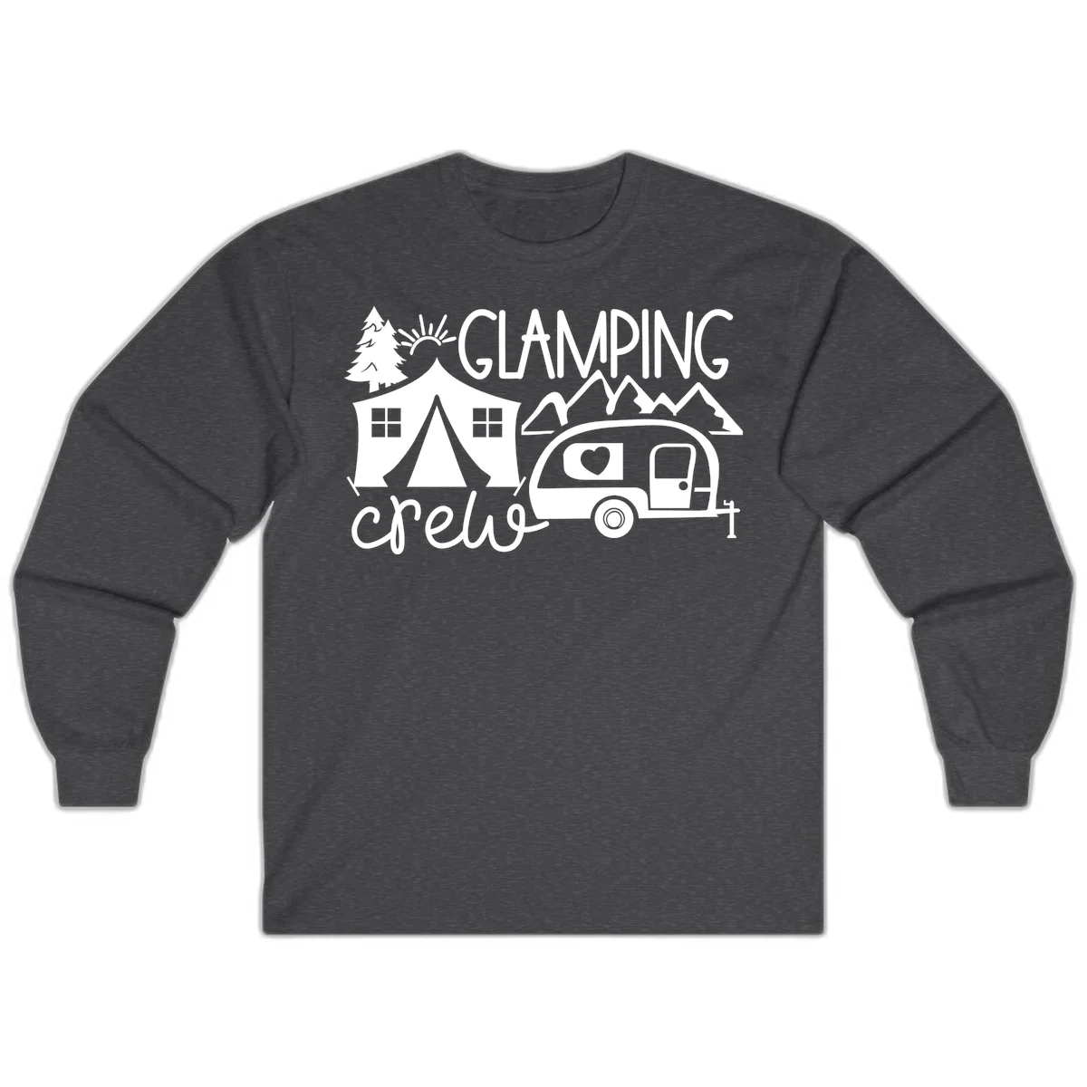 Glamping crew design with tent, travel trailer, mountains, tree and sun on gray background in Dark Heather