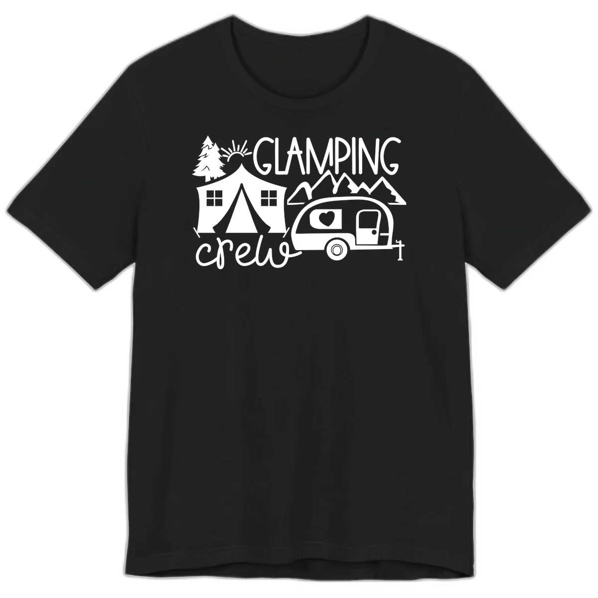 Glamping crew design with tent, travel trailer, mountains, tree and sun on gray background in Black