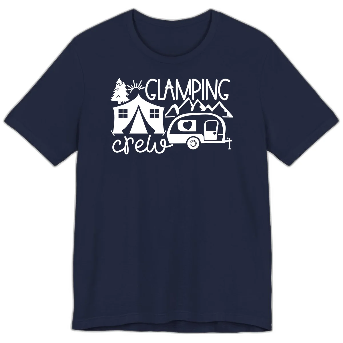 Glamping crew design with tent, travel trailer, mountains, tree and sun on gray background in Navy