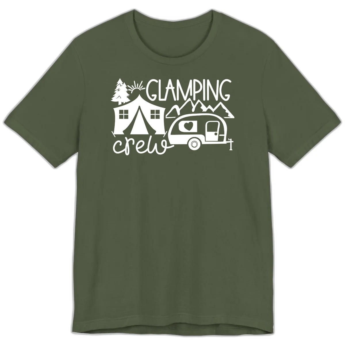 Glamping crew design with tent, travel trailer, mountains, tree and sun on gray background in Military Green